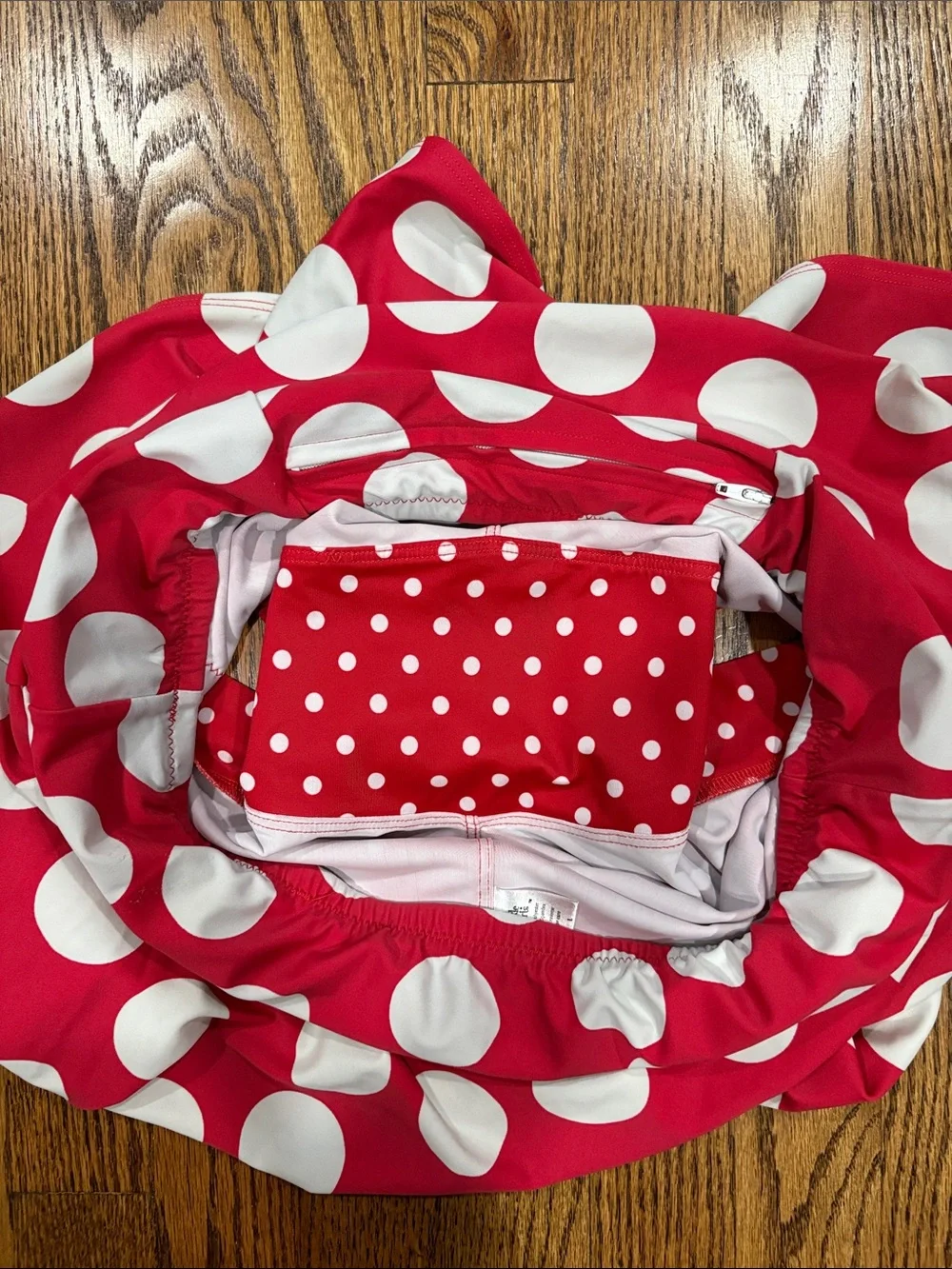 Sparkle Skirts red and white polka dot, athletic skort, size L. Made in USA!